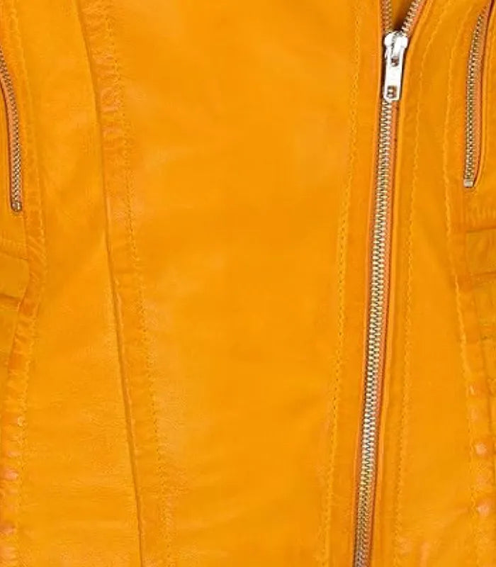 Close-up of front zipper closure and stitched seam lines on a Women's Yellow Quilted Leather Biker Jacket.