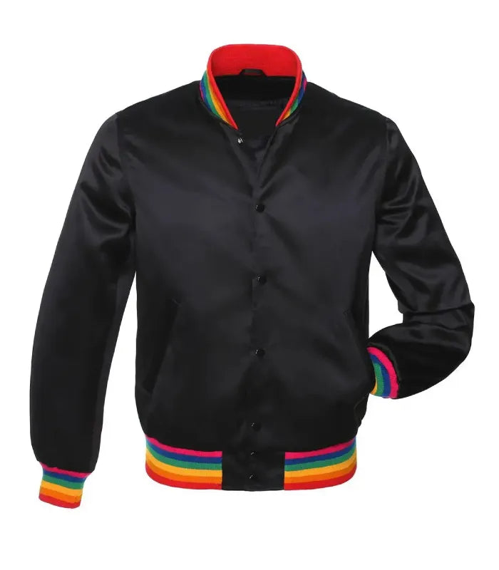 A black satin varsity-style jacket with vibrant rainbow-striped ribbing on the collar, cuffs, and hem, shown against a plain white background.