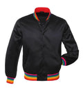 A black satin varsity-style jacket with vibrant rainbow-striped ribbing on the collar, cuffs, and hem, shown against a plain white background.
