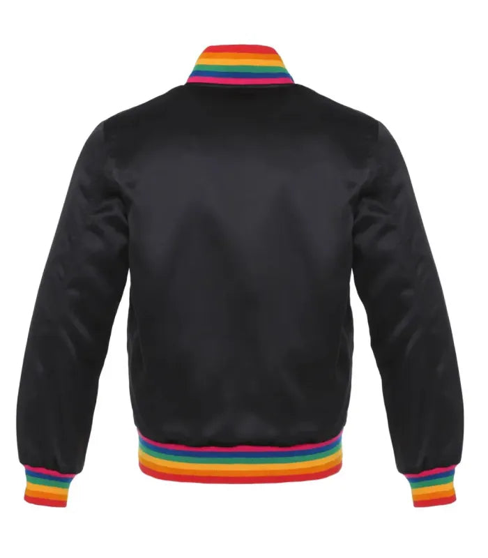 Rear view of a black satin varsity jacket displaying a clean black back panel and vibrant rainbow multi-color striped ribbed collar, cuffs, and hem.