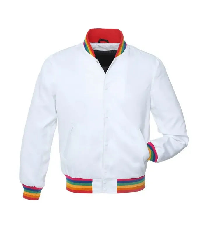 Front view of a white satin varsity jacket featuring colorful rainbow-striped rib-knit collar, cuffs, and hem, with one hand in the pocket.