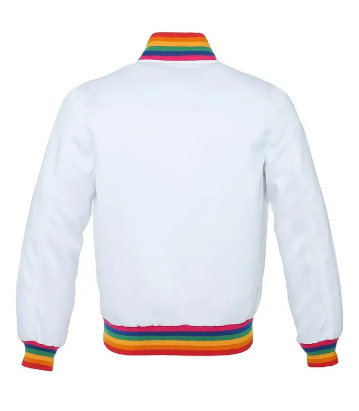 White varsity jacket shown from the back, featuring vibrant rainbow striped ribbed trim at the collar, hem and cuffs.