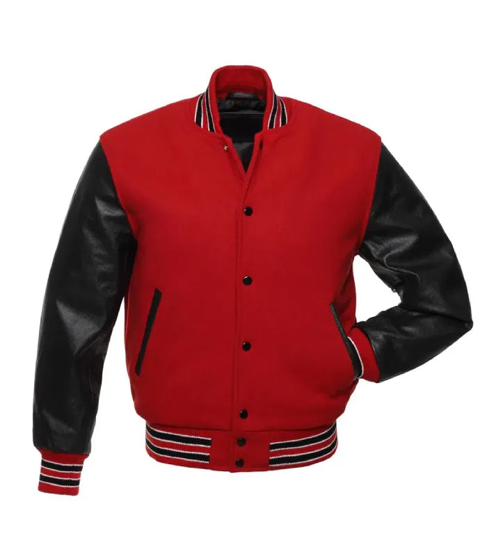 A red and black varsity jacket with black faux-leather sleeves, featuring a red body, black buttons, and striped ribbed collar, cuffs, and hem.