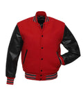 A red and black varsity jacket with black faux-leather sleeves, featuring a red body, black buttons, and striped ribbed collar, cuffs, and hem.
