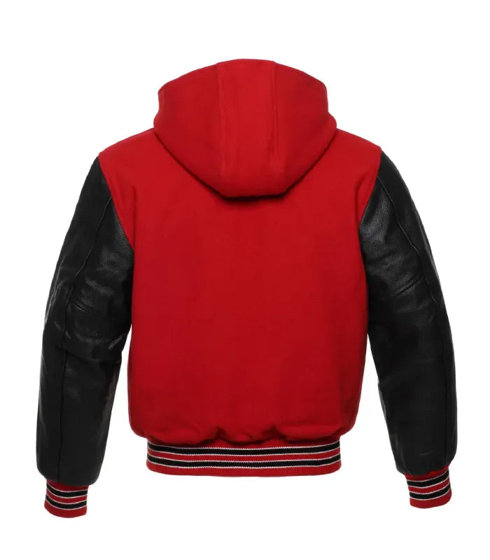 Red and black varsity-style hooded jacket shown from the back, featuring black faux-leather sleeves and striped ribbed trim.