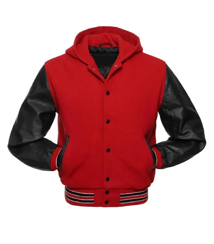Direct front perspective of red hooded varsity jacket with black leather sleeves and matching striped ribbing.