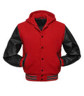 Direct front perspective of red hooded varsity jacket with black leather sleeves and matching striped ribbing.