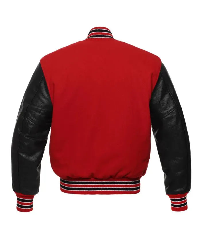 Red and black varsity jacket shown from the back, featuring a solid red back panel, black faux-leather sleeves, and striped ribbed collar, hem, and cuffs.
