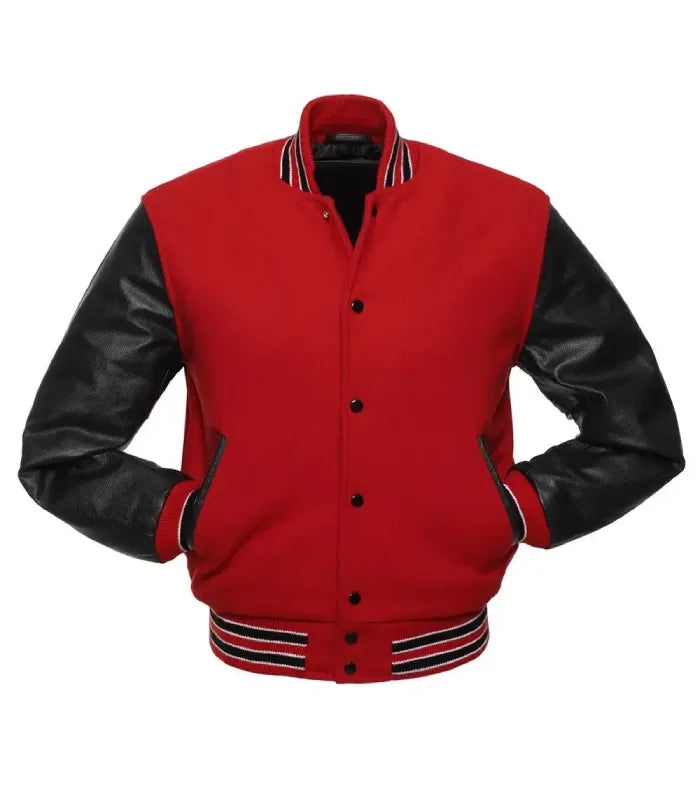 Direct front profile of red college varsity jacket featuring black real leather arms and striped collar.