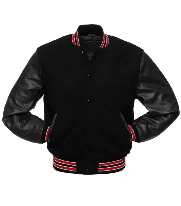 Front view of a Red Knit Trim Black Varsity Jacket showing snap-button front closure, leather-trimmed side pockets, and red striped ribbed trim.