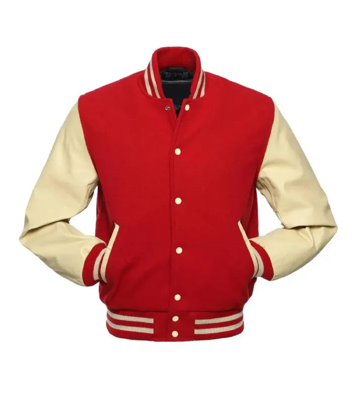 A red and cream varsity jacket with cream-colored sleeves, striped ribbed collar, cuffs, and hem, and cream buttons, shown against a plain white background.