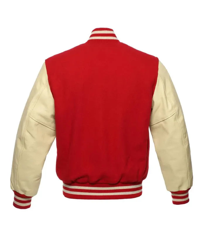 A red and cream varsity jacket shown from the back, featuring a solid red back panel, cream-colored sleeves, and red and cream striped ribbed collar, cuffs, and hem.