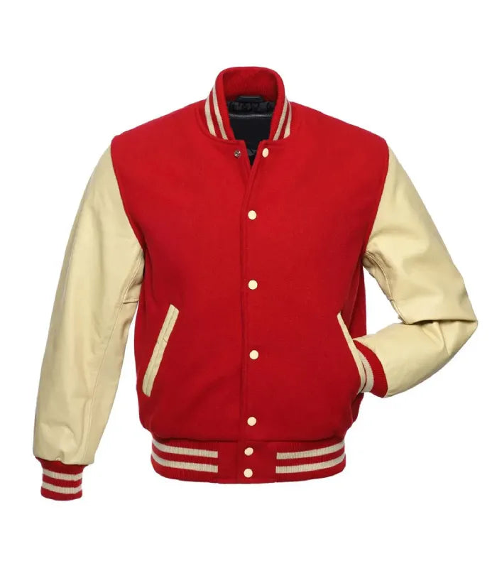 Direct front shot of red varsity letterman jacket with cream genuine leather sleeves and dual-striped knit collar.
