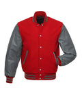 A red and gray varsity jacket with a red body, gray sleeves, and gray striped ribbing, shown on a plain white background.