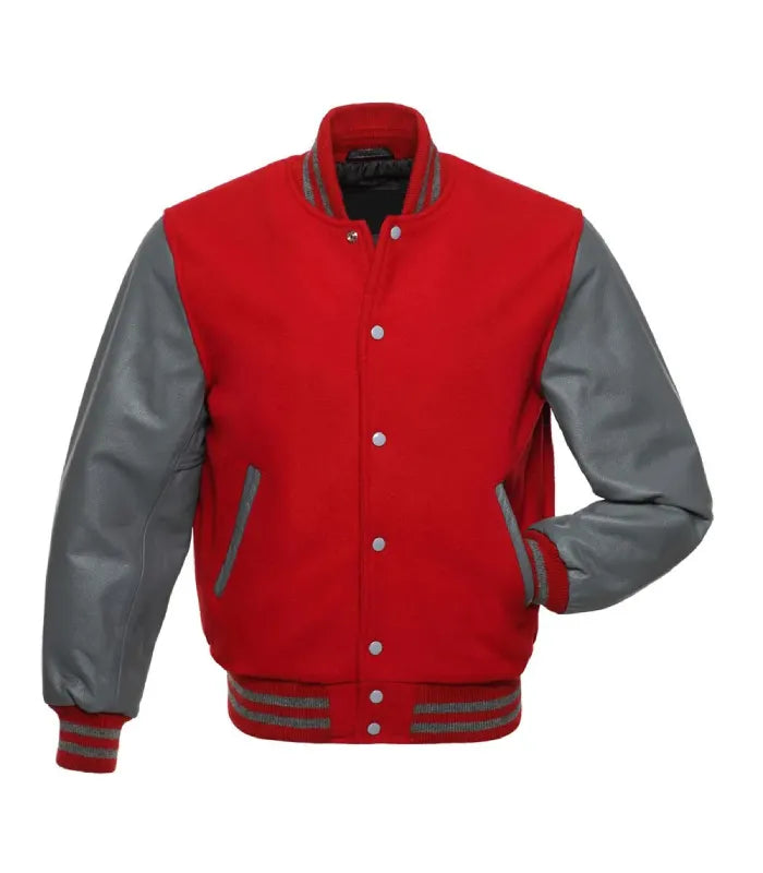 A red and gray varsity jacket with a red body, gray sleeves, and gray striped ribbing, shown on a plain white background.