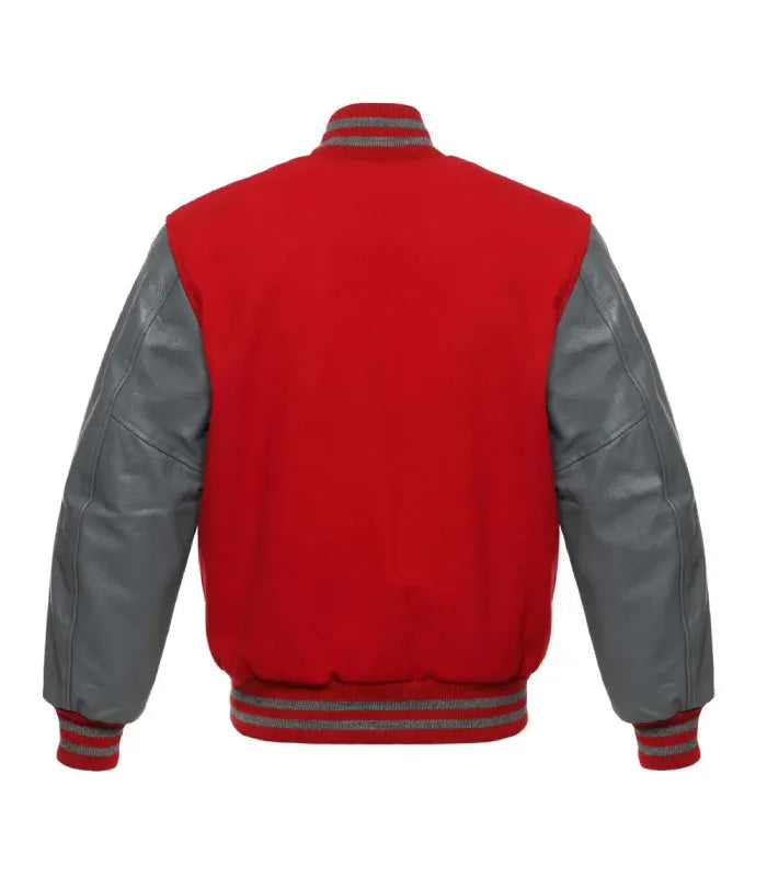 Full back perspective of red wool body paired with slate grey leather arms and striped ribbing.