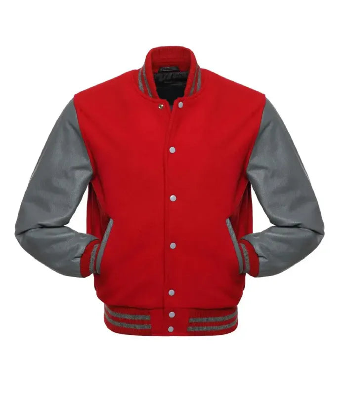 Front profile showing grey leather pocket welts, red front panel, and striped rib-knit collar and cuffs.