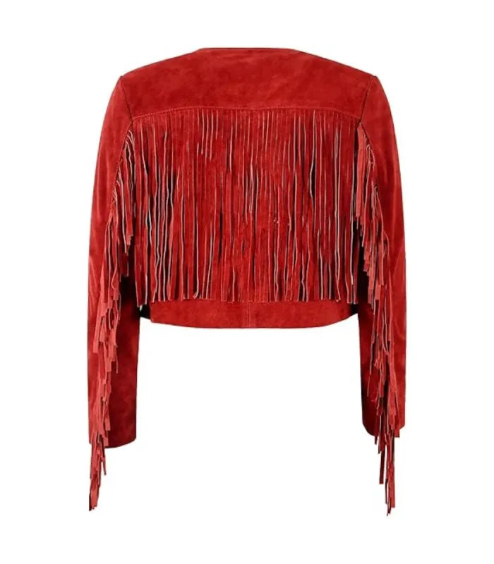 Rear view of Red Bolero Fringe Cropped Leather Jacket featuring full back fringe yoke panel, arm fringe detailing, and cropped hemline.