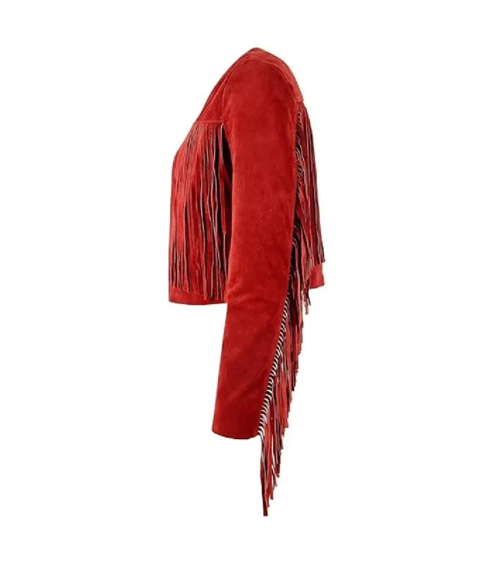 Profile side view of Red Bolero Fringe Cropped Leather Jacket showcasing suede texture, chest fringe panel, and sleeve fringe fall.