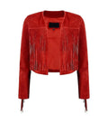 Front view of Red Bolero Fringe Cropped Leather Jacket featuring collarless open-front design, chest tassel fringe, and sleeve trim.