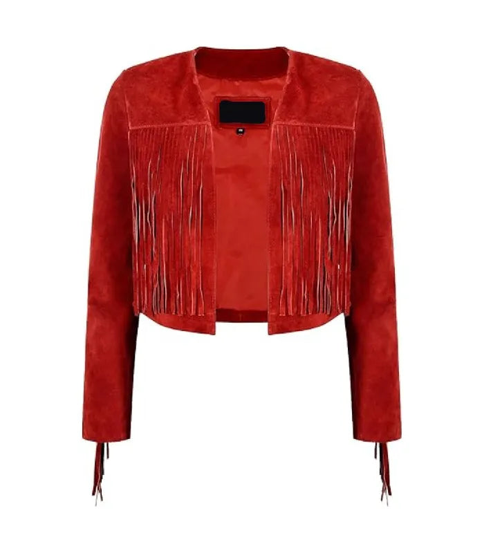 Front view of Red Bolero Fringe Cropped Leather Jacket featuring collarless open-front design, chest tassel fringe, and sleeve trim.