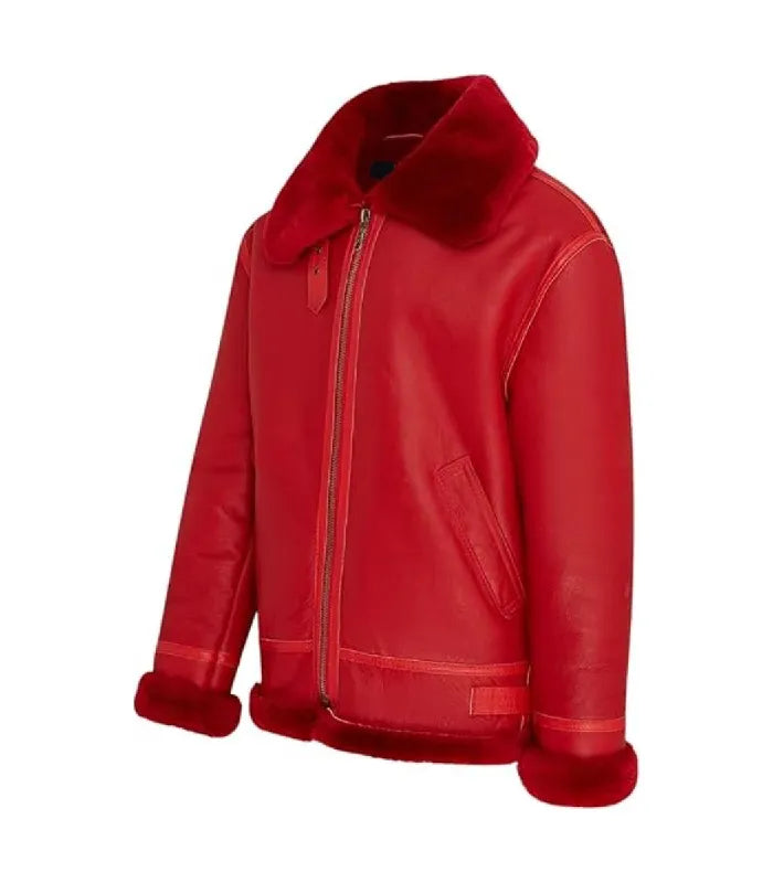 Three-quarter angle view of a Red Shearling Aviator Bomber Leather Jacket showcasing side slash pockets, waist adjustment tabs, and shearling trimmed cuffs.