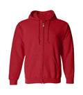 Front view of red full zip hoodie featuring a full zipper closure, matching drawstrings, split kangaroo pockets, and ribbed cuffs.