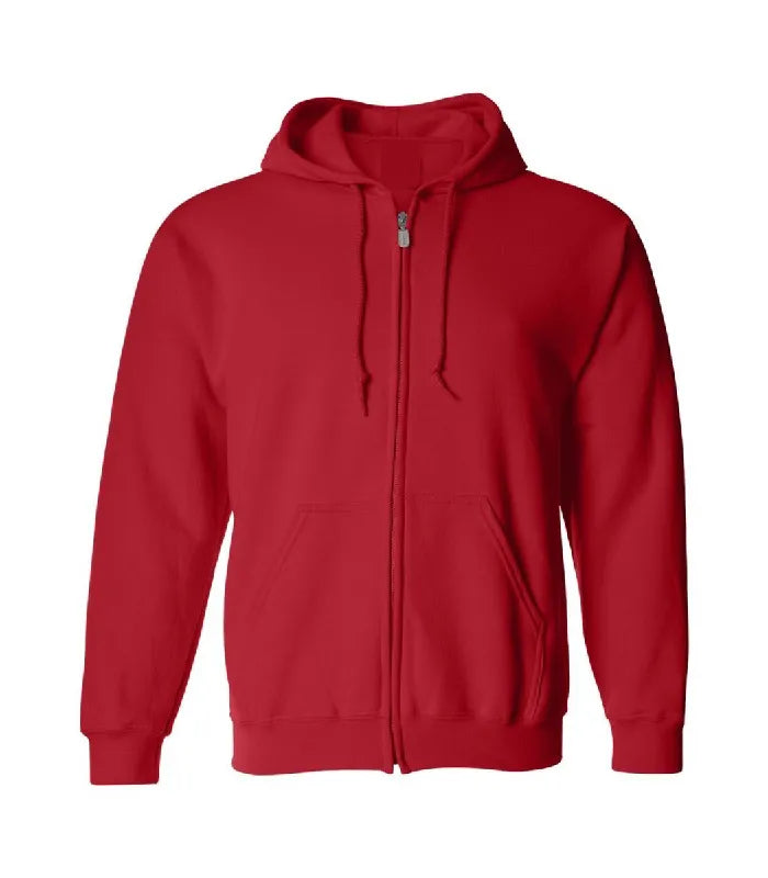 Front view of red full zip hoodie featuring a full zipper closure, matching drawstrings, split kangaroo pockets, and ribbed cuffs.