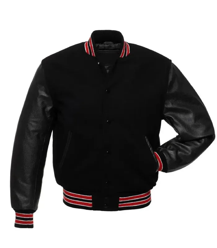 Front view of a Red Knit Trim Black Varsity Jacket displaying black leather sleeves, snap closure front, welt waist pockets, and red and white striped knit collar and waist.