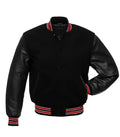 Front view of a Red Knit Trim Black Varsity Jacket displaying black leather sleeves, snap closure front, welt waist pockets, and red and white striped knit collar and waist.