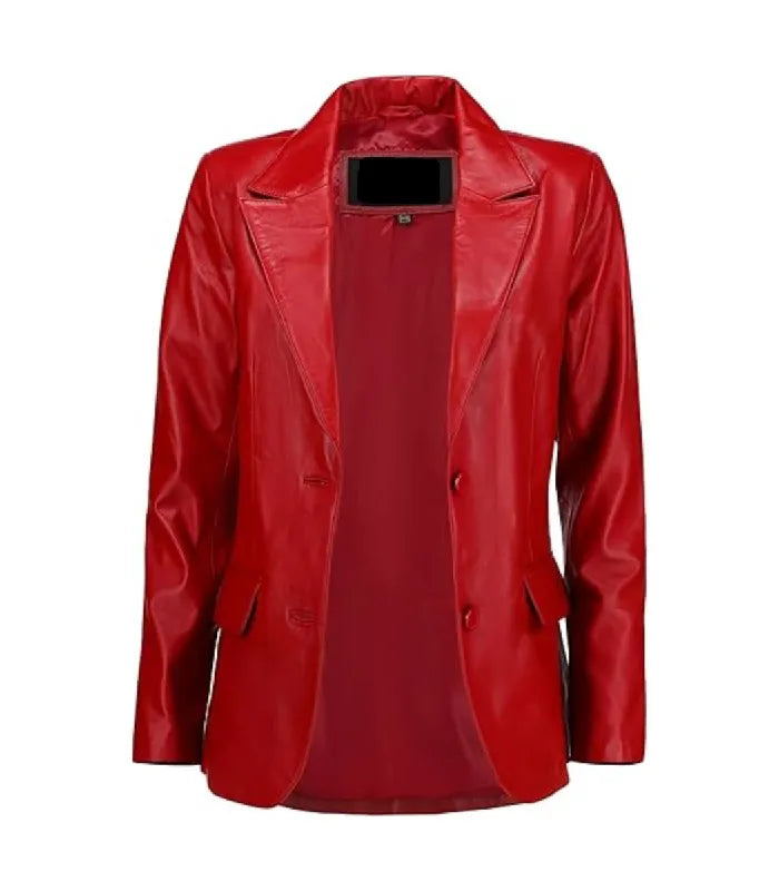 Front open view of a Womens Red Leather Blazer revealing smooth inner lining, wide notch lapels, and flap waist pockets.