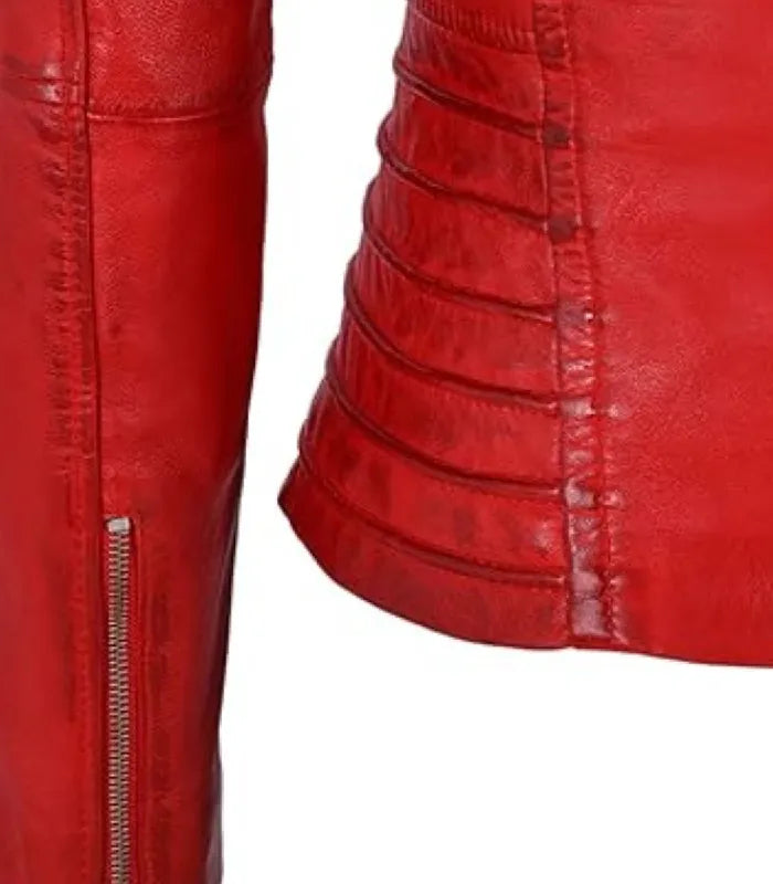 Close-up of the horizontal side waist paneling and zippered sleeve cuff on a Women's Red Quilted Leather Biker Jacket.