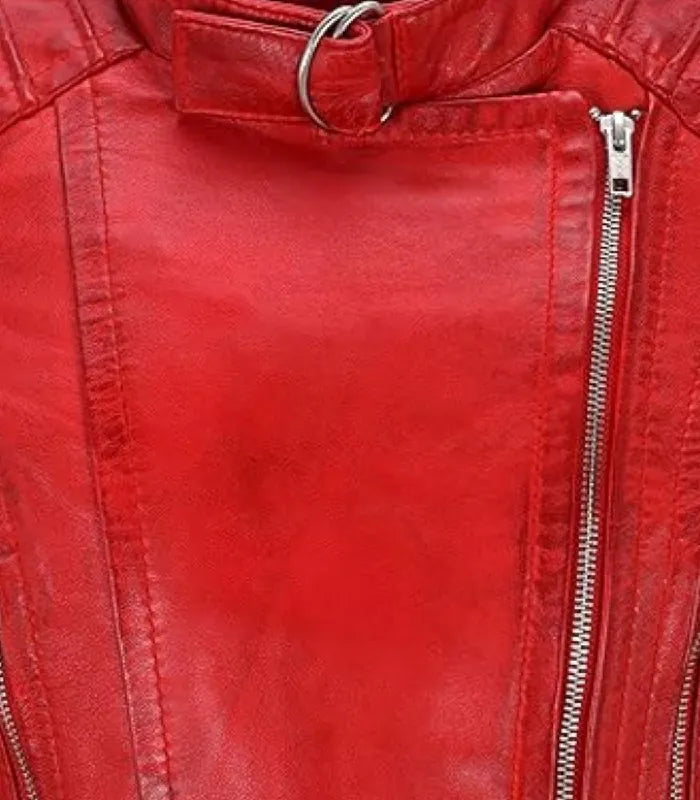 Close-up view of the stand-up collar with a metal buckle ring latch on a Women's Red Quilted Leather Biker Jacket.