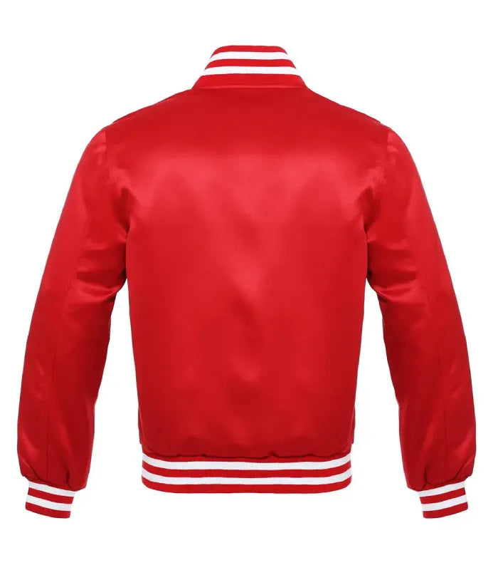 Rear view of a red satin varsity jacket displaying a plain red back panel and white double-striped rib-knit collar, cuffs, and hem.