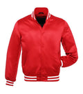 Front view of a red satin varsity jacket with red snap buttons, white-striped ribbed collar and cuffs, and one hand in pocket.