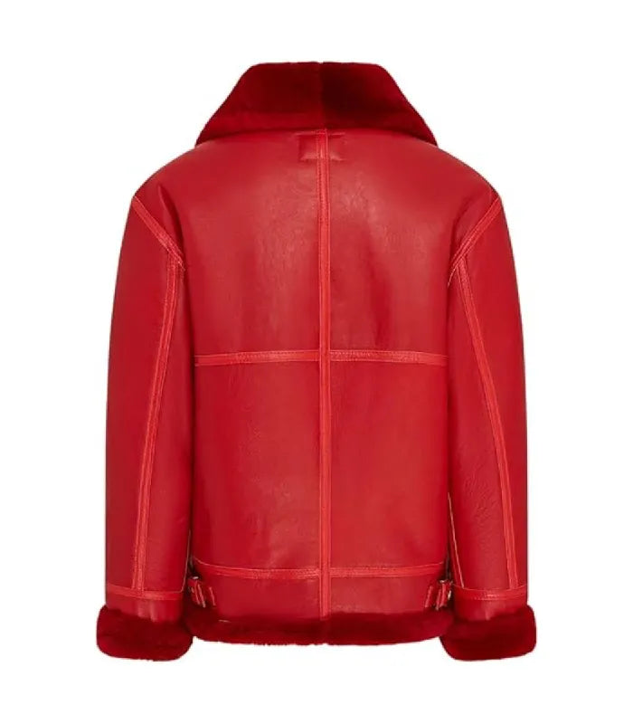 Rear view of a Red Shearling Aviator Bomber Leather Jacket featuring cross-panel seam detailing, side waist buckles, and a shearling-trimmed hem.