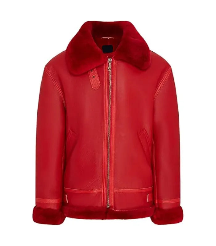 Front view of a Red Shearling Aviator Bomber Leather Jacket with front zip closure, plush shearling collar, and matching shearling-trimmed cuffs and hem.
