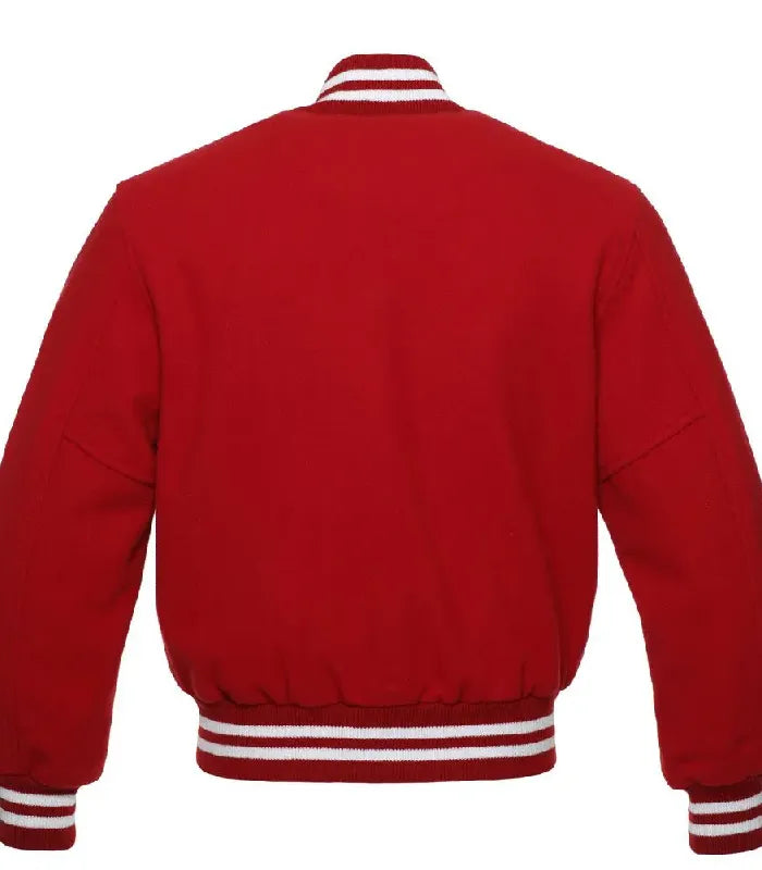Rear view of red wool varsity jacket showing white striped ribbed collar, hem, and cuffs.