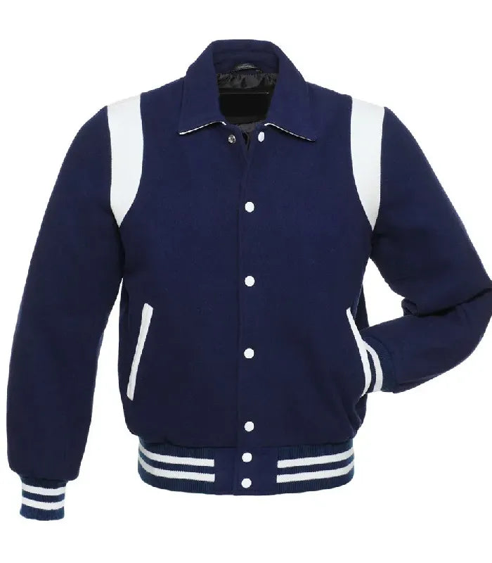 Straight front view of retro navy wool varsity jacket with fold-down collar and contrast shoulder panels.