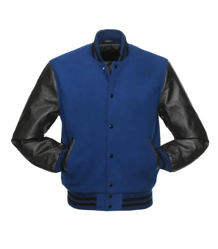Front profile showing black leather pocket trim, black snap closures, and blue and black striped knit hem.