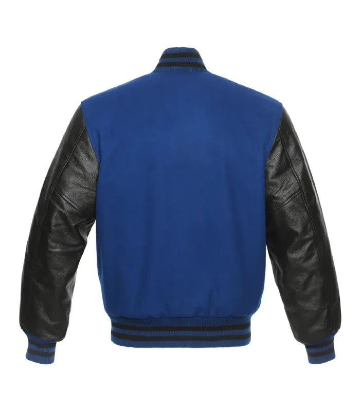 Full back profile view of royal blue wool body paired with sleek black leather arms and striped ribbing.