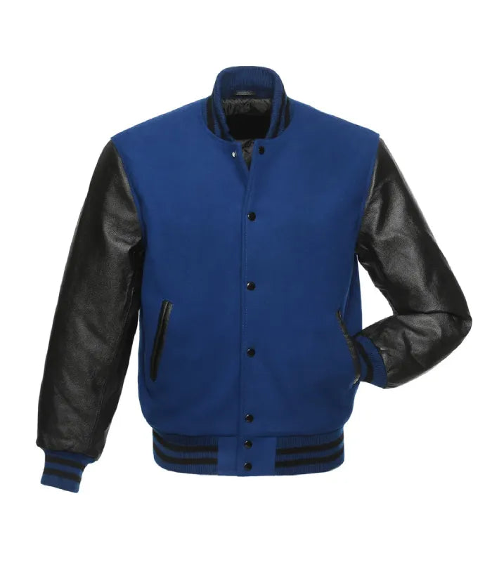 Direct front shot of royal blue varsity jacket featuring black leather sleeves and matching front snap buttons.
