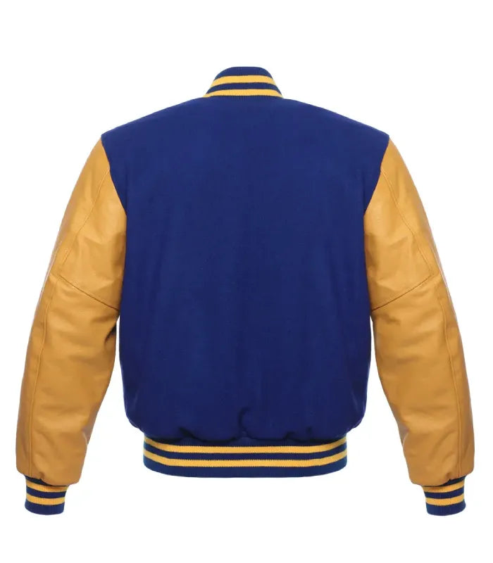 Full back view of royal blue wool body paired with gold leather sleeves and striped ribbing.
