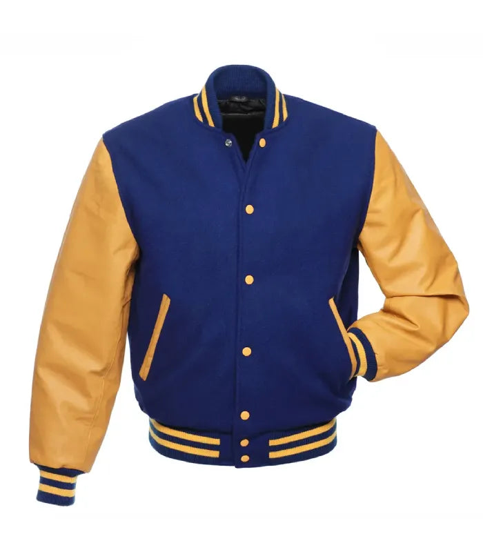 Direct front perspective of royal blue varsity jacket featuring contrast gold leather arms and striped rib-knit collar.