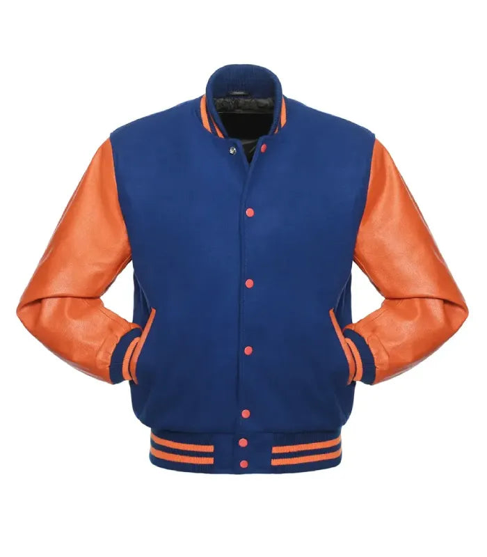 Front angle view showing orange leather slash pocket welt, orange front closure snaps, and royal blue wool body.