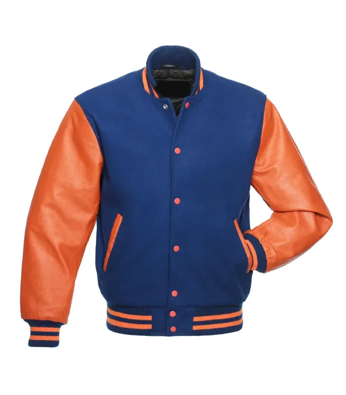 Direct front perspective of royal blue letterman jacket with orange genuine leather arms, matching orange buttons, and ribbed collar.