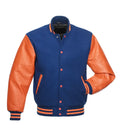 Direct front perspective of royal blue letterman jacket with orange genuine leather arms, matching orange buttons, and ribbed collar.