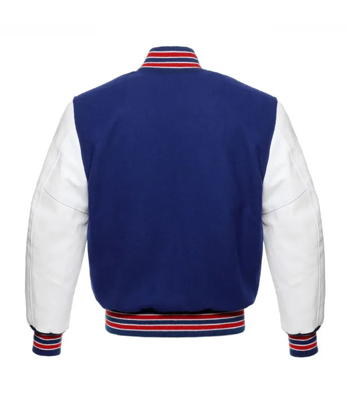 Full back view of royal blue wool body with white leather sleeves and red-and-white striped ribbed hem.