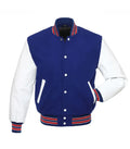 Direct front perspective of royal blue college varsity jacket featuring crisp white leather arms and striped trim.