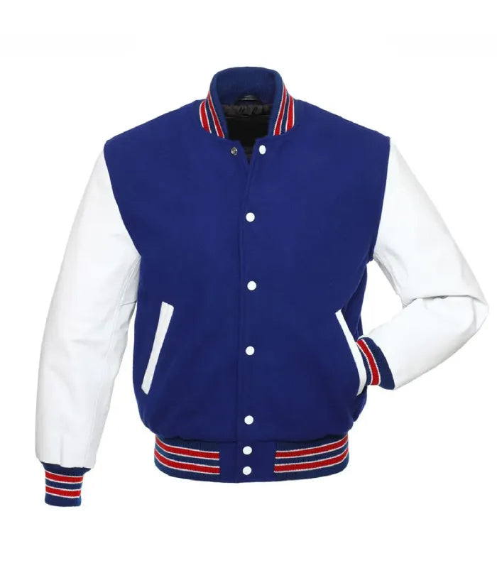 Direct front perspective of royal blue college varsity jacket featuring crisp white leather arms and striped trim.